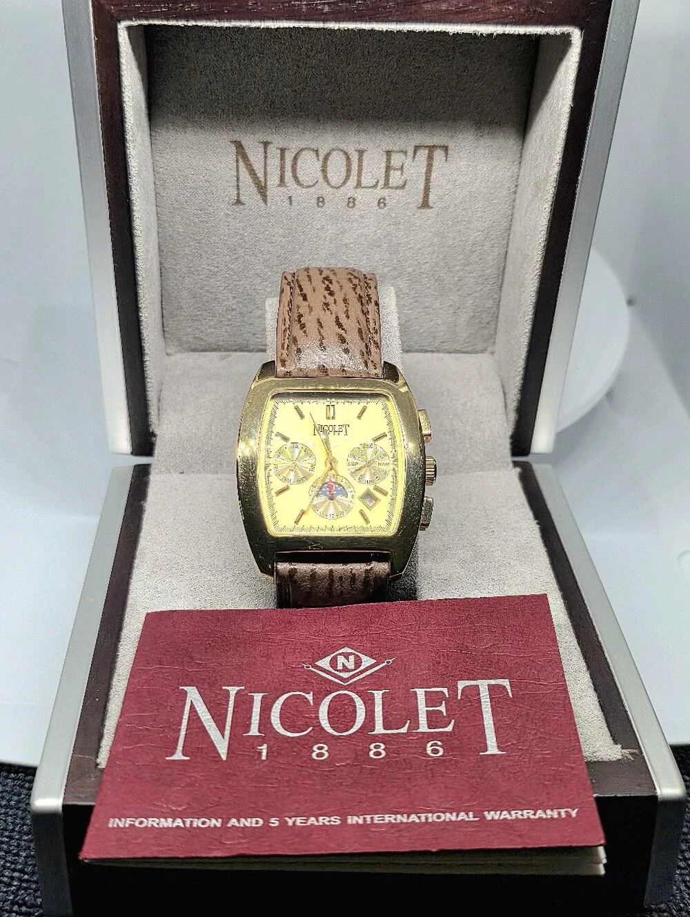 Nicolet 1886 Automatic Master Calendar Chronograph — 38mm Rose Gold Tonneau, Swi